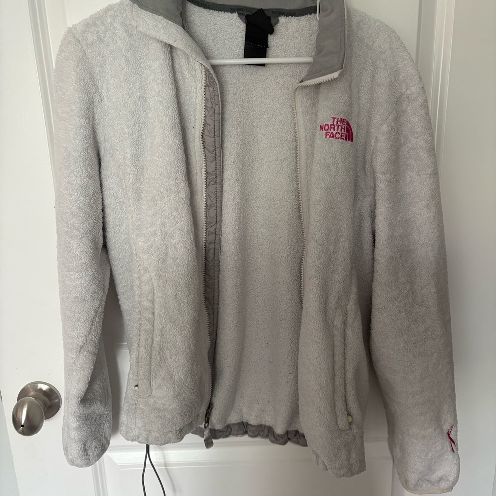 The North Face Light Gray Fleece Jacket with Pink Logo